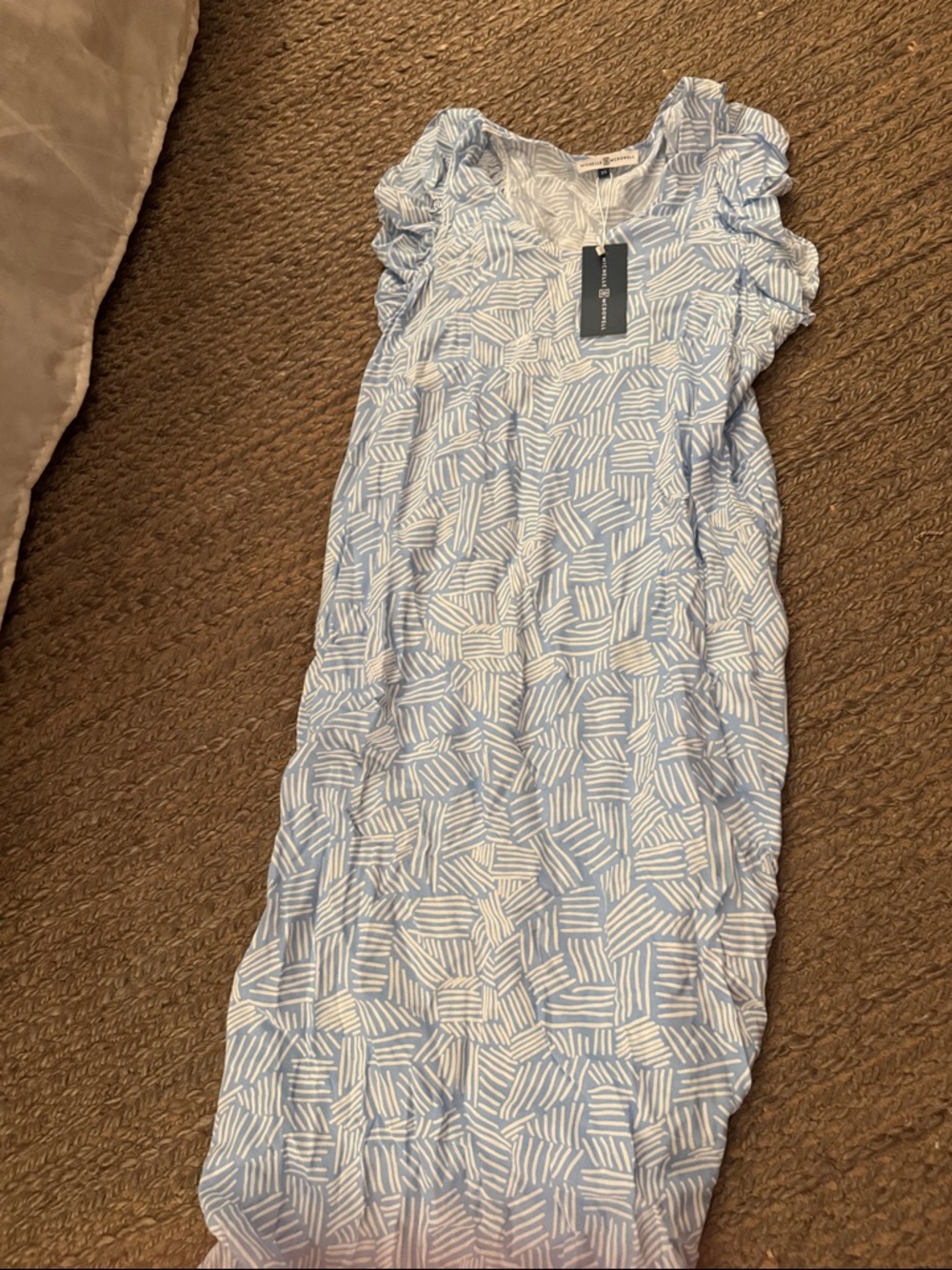 Light Blue & White Printed Ruffle-Sleeve Maxi Dress